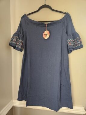 Hayden Blue Off-Shoulder Tunic with Embroidered Ruffle Sleeves Medium